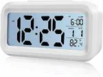 SAMEZONE Digital Alarm Clock,Battery Operated Small Desk Clocks,with Date,Indoor Temperature,Smart Night Light,LCD Electronic Clock for Bedroom Home Office - White