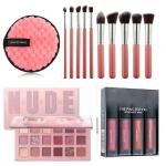 Aixa Makeup Combo Set 10 Pink Brush, Makeup Remover Pad, New Nude Eyeshadow and 4pcs Pink Lipstick Pack of 4