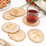 DULI Set of 6 Resin Coaster Set for Table accessories 10x10cm (CreamGoldFlakes)