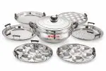NIRLON All-in-One Stainless Steel Idli Cooker Multi Kadhai with Induction Bottom/Kadhai with 6 Plates Big Size 1 Steel Lid/2 Idli Plates/2 Dhokla Plates/1 Patra(Flat Bottom) /1 Mini Idli Plate (7 Pc)