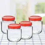 Piramal Glass Round Shape Clear Aahar Jars and Containers for Kitchen Pantry, Snacks, Masala, Pickles, Dry Fruits, and Coffee Beans Storage with Red Color Plastic Lid (500ml, Set Of 4)