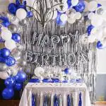 Krido Set of 60 Pcs Happy Birthday Decoration Kit Combo - Silver Happy Birthday Letters , Silver Curtains , Black Blue & Silver Metallic Foil Balloons Theme Backdrop