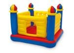Intex Jump-O-Lene Inflatable Bouncer Castle House features a soft inflatable floor, high soft side walls for a safe play environment, and a crawl-thru door for endless bouncy play.