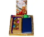 MANTOUSS New Year Gift Items/New Year Gift/New Year Gift hampers-Designer Golden Tray+Leather Covered New Year Diary+Handcrafted Chocolate Box+Scented Candle+Happy New Year Greeting Card