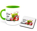 Whats Your Kick I Love You Mom in Telugu Language Owl Design Printed Light Green Ceramic Coffee Mug with Coaster and Tea Mug 325ml