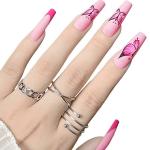 Secret Lives Acrylic Press on Designer Artificial Nails Extension Long Matte Pink Color Magenta Tips and Butterfly Design 24 pcs Set with Kit