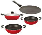 Nirlon 4 pcs of Red and Black Scratch Resistance Non-stick Aluminium Kitchen Cooking Combo Set, Standard