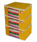 atorakushon Fabric Non Woven Saree Covers Clothes Storage Bag Wardrobe Organizer Side Transparent Window with Zip Lock Dress Accessories Set of 3 Pcs Yellow