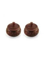 Giftoshopeee BrownSmall Fancy Traditional Wooden Round Full Carved Shingaar Box- Set Of 2