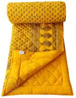 LushHavenDecor Jaipuri Razai Double Bed Gold Print with Computerized Quilting Use as Soft and Breathable Cotton Comforter Quilt Rajai Blanket Dohar Size 85X100 inch Yellow Pack of 1