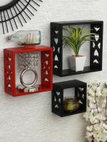Home Sparkle Mini Heart Pattern Black and Red MDF Cube Wall Shelves (Set of 3)