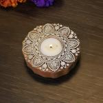 pujaNpujari Handmade Wooden Tea Light Candle Holder Stand for Diwali Handpainted Wooden Block Print Round Shaped Tlight for Deepawali Decoration Items
