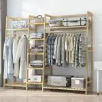 ADA Premium Bamboo Dual Rod Garment Rack | Heavy Duty Dual Rolling Garment Clothes Rack | Free Stand Wardrobe Coat Hanging Organizer for Bedroom, Living Room and Entryway, Brown (160x37x141cm)