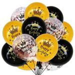 Jagmag Happy Birthday Printed Golden and Black Confetti Crown King Helium Latex Balloon (10 pcs)