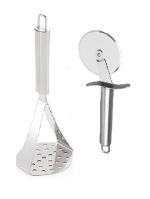 Stainless Steel Big Potato Masher With Stainless Steel SS Pizza Cutter and Multicolour, Pack of 2