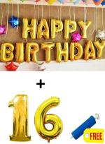 Festiko 16th Birthday Decorations Items (Happy Birthday Foil Balloon Pack Of 13 Letters, Gold, Number 16 Foil Balloons With Balloons Pump)