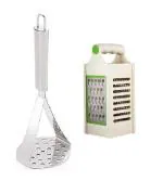 First Front Stainless Steel Big Potato Masher With Plastic 4 in 1 Grater and Multicolour, (Pack of 2)