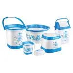 Joyo Better Homes Deluxe Square Jumbo Floral Printed Bathroom Set of 6 (Bucket- 25 Litre, Tub-28.5 LTR,Dustbin-9.2 LTR,Jumbo Patla, Mug-1500 ml,Soap Case) (Blue)
