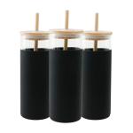 The Better Home Leak and Sweat Proof Black Tumbler Borosilicate Glass and Bamboo Mug with Lid and Straw - 450 ml(pack of 3)