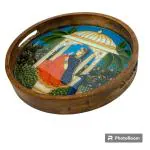 KB ART Wooden Handpainted Pichwai Round Serving Tray 12 Inch Brown Resin Coated