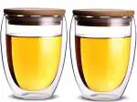 Ramkuwar Double Layer Wall Clear Borosilicate Glass Tea Glasses Cup With Bamboo Lid Set (350ml) - Set Of 2