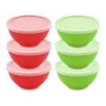 Jaycee Microwave Safe And BPA Free Red And Green Round Plastic Bowl With Lid - 300 Ml (Pack Of 6)