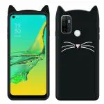 Indiacase Oppo A53 Black Slim Silicone, Rubber Cat Design, Wireless Charging Compatible Cases & Covers, Display Size-12 mm, 14 x 7 x 5 mm