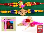 Set of 2 rakhi for brother with roli chawal platter/Rakhi for brother with gift and Puja thali/Rakhi for brother with hamper-2 Premium Kundan rakhi+Roli chawal platter+Rakhi Greeting card