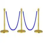 LADWA Set of 3 Golden Finish Q Please (Q Manager) with Blue Velvet Rope for Ensuring Social Distancing, Queue Manager with 1.5m Rope, Barricade, Stanchions (Set of 3 Pillar and 3 Rope)