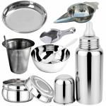 PGD Plain Silver Stainless Steel Baby Feeding Bottle with Feeder, Bowl, Idly Spoon, Spoon, Plate, Straw Glass, Food Storage Container Box - 300 ml