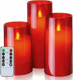 LTETTES Flickering Flameless AA Battery Operated Acrylic Glass Red LED Candles with Remote and Timer For Home Decorations,Festive Decor Items, Anniversary, Birthday Gift- SET 3(D2.3