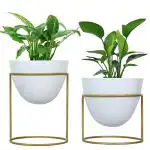 ecofynd 6 inches Alle Metal Plant Pot with Stand, Set of 2, White Decorative Modern Indoor Planter