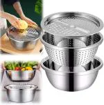 VEDANTA ENTERPRISE 3 in 1 Stainless Steel Vegetable Drainer | Strainer Cutter Kitchen Basin Bowl Set | Cheese Grater and Salad Maker Drain Basket 3 PCS Set