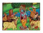 Tamatina Multicolor Rajasthani Phad Art Unframed Jai Shri Krishna Canvas Painting - 36X27 Inch