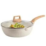 Carote Non Stick Deep Frying Pan, Granite Kadai with Lid, Induction Wok, Saute Pan, 24cm/2.6L, white