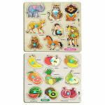 Enorme Mini Wooden Animals and Fruits Puzzle with Knobs, Educational and Learning Game For Kids