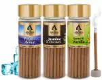 Roll over image to zoom in VIDEO The Aroma Factory Dhoop batti (Fresh Active, Jasmine & Chocolate, Santal & Vanilla) No Bamboo Herbal Dhoop Sticks with Incense Holder, 3 Bottle x 100g