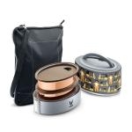 VAYA TYFFYN Super Auto Grey Oval Shape Copper Finished Stainless Steel Lunch Box for Kids with 2-Containers and Bagmat, 600 ml