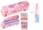 PRAYOSHA ENTERPRISE Metal Bus Compass Pencil Box Cartoon Printed School with Moving Tyers Sharpener and Lipstick Penfor Girls (Pink Color and Lipstick Pen)