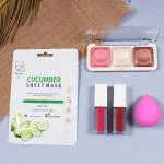 Rose Leaf Face Sheet Mask, 3 in 1 Blusher, Blender, 2 pcs Nude Lipstics Full Combo for Women|Premium Quality