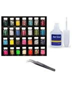 WorldWesties Nail Art Decoration Combo Nail Art Rhinestones Glitter with Nail Art Decoration 3D Acrylic Glitter 28 Bottles, A Nail Glue, A Tweezers Multicolor Pack of 30