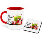 Whats Your Kick I Love You Mom in Telugu Language Owl Design Printed Red Ceramic Coffee Mug with Coaster and Tea Mug 325ml