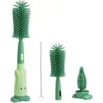 LITTLE CURIOUS 3in1 Baby Bottle Cleaning Brushes Set : Brush for Baby Feeding Bottle, Pacifier cleaner and Straw Cleaning tool - Silicone Bristles Brush Kit for Milk Bottles