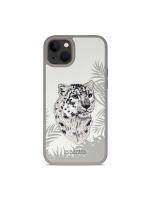 TREEMODA Santa Barbara Embroidered Snow Leopard Series Leather White Back Case Compatible for iPhone 15 Plus.
