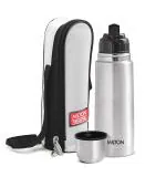 Milton Silver Stainless Steel Flip Lid 350 Thermo 24 Hours Hot And Cold Water Bottle With Bag, 350 Ml