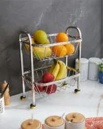 Home Core Stainless Steel Two Tier Vegetable Stand | Onion Baskets for Storage | kitchen trolley with wheels | onion potato rack for kitchen | Size(Width -33 cm , Depth - 25cm , Height - 38cm) 2 step