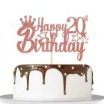 Festiko Rose Gold Glitter Happy 20th Birthday Cake Topper For Cheers To 20 Years, Girl BoyS 20th Anniversary Birthday Party Decorations Supplies High Grade Color