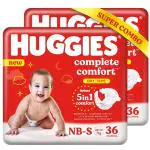 Huggies Complete Comfort Dry Tape Newborn - Small (NB-S) Size Baby Tape Diapers, Combo Pack of 2, 36 count per pack, 72 count