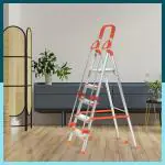 Houza 5 Step Foldable Aluminium Ladder for Home | Durable, Heavy Duty, Safe and Stylish | Orange 5 Step Ladder with Railing| Made in India