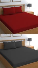 VORDVIGO Combo Pack of Premium Cotton Feel Satin Stripes/Lining Plain Bedsheets for Double Bed 300 TC 2 Bedsheets with 4 Pillow Covers (90*90 Inches) for Home and Hotels (Color- Red & Grey)